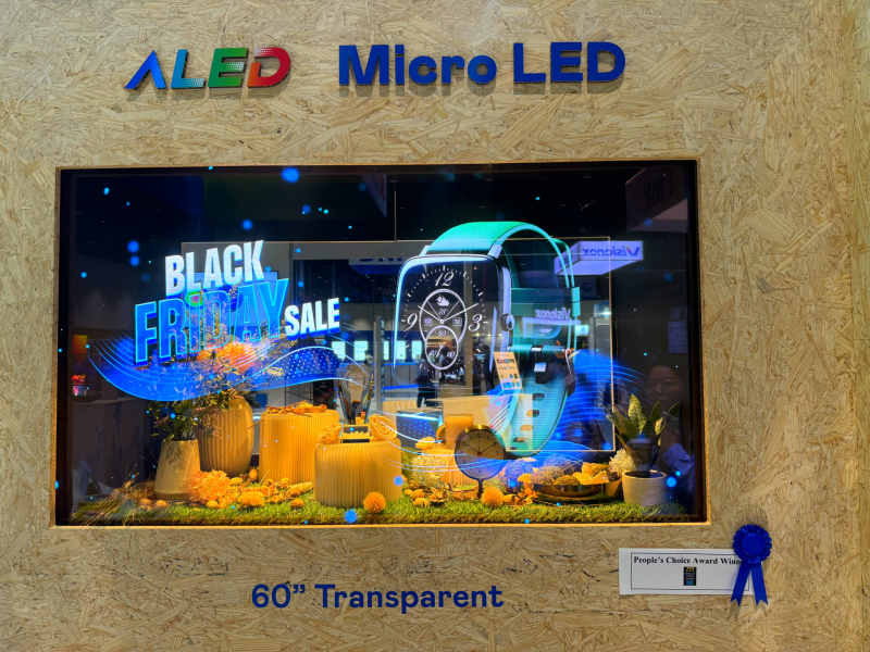 大发平台60吋高透明度Micro LED显示器获&rdquo;最佳Micro LED技术应用奖&rdquo;，将Micro LED面板透明化之设计特性极致发挥，以可扩展性无缝拼接技术打造，具备600 nits全画面亮度、大于60%穿透率及超过NTSC 110%的优异广色域表现，可依需求灵活应用于各种场域